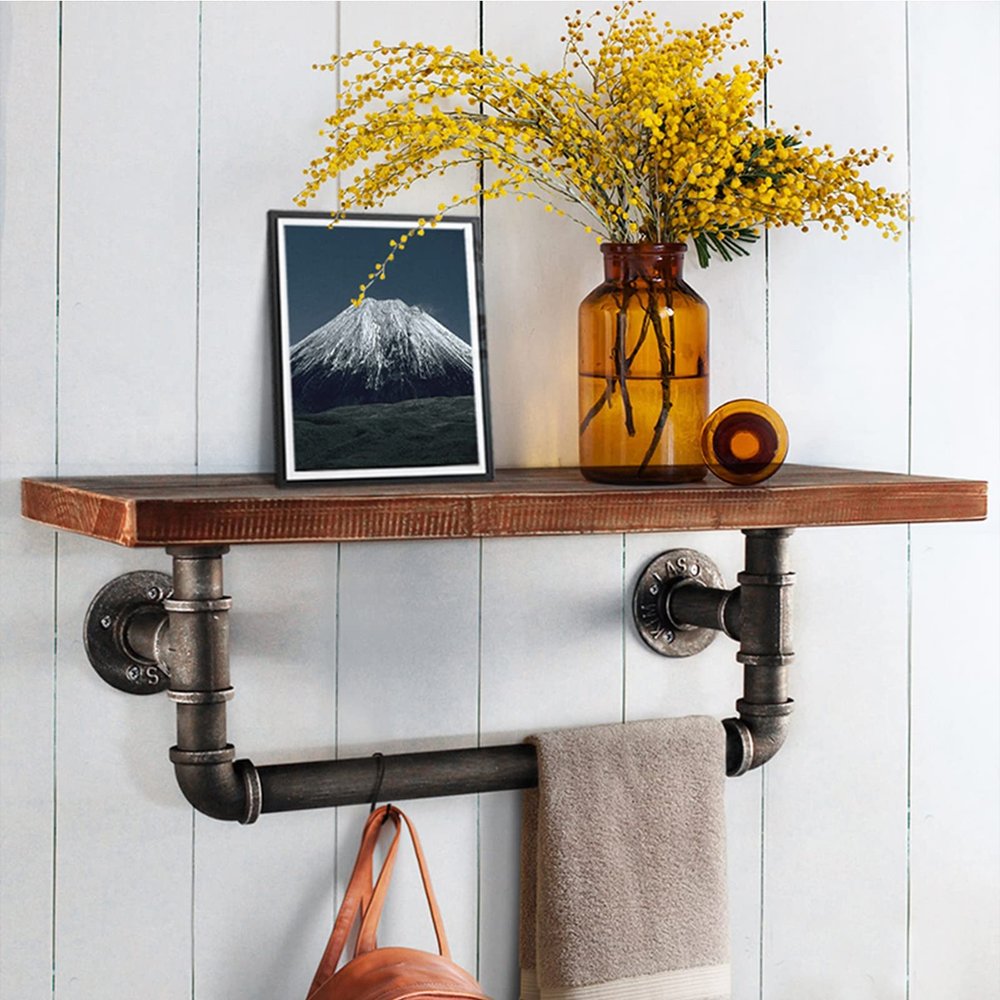 Drsyffsup Wall Mounted Rack Wood Wine Shelf Black Metal Towel Bar/Rails Hanging Shelves Floating Flower Stand - for EntranceBedroom, Living Room, Kitchen,Laundry Room Storage (Size : 70x20x20cm)
