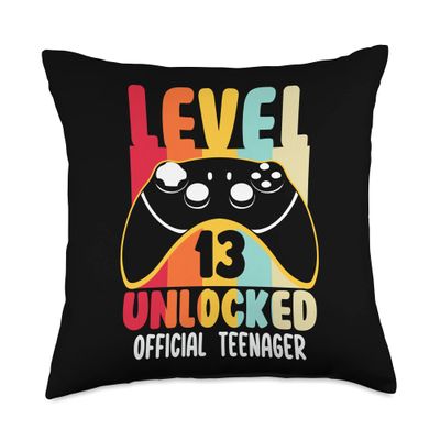 13th Birthday Gift Shirt Level 13 Unlocked Official Teenager Throw Pillow