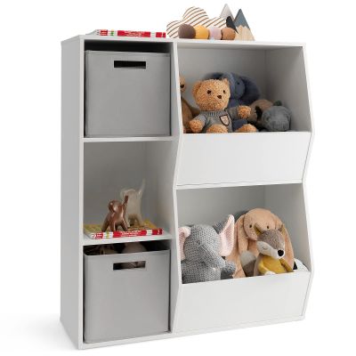 Costzon 5 Cubbies Toy Storage Organizer with Bookcase, Kids Bookshelf w/ 3 Toy Storage Bins, Wooden Toy Shelf for Kids Room, Playroom, Nursery, Daycare
