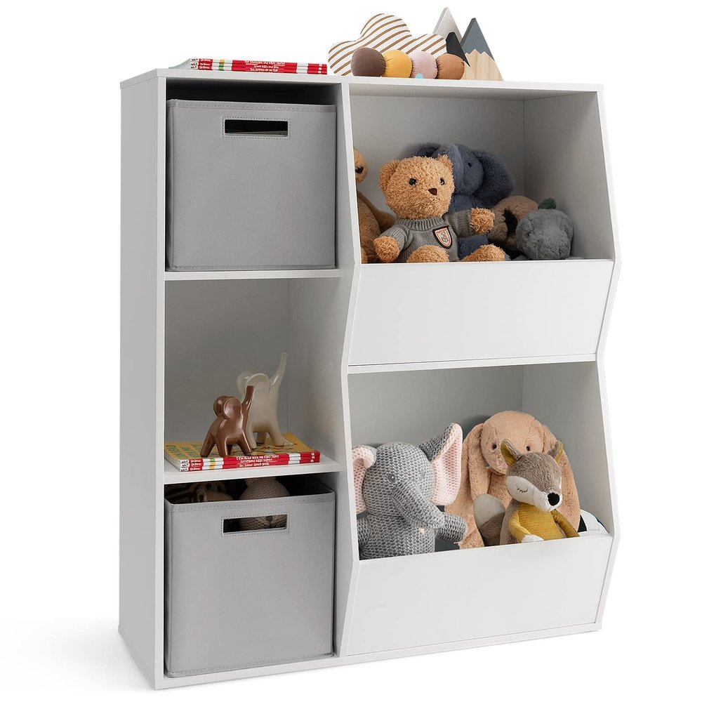 Costzon 5 Cubbies Toy Storage Organizer with Bookcase, Kids Bookshelf w/ 3 Toy Storage Bins, Wooden Toy Shelf for Kids Room, Playroom, Nursery, Daycare