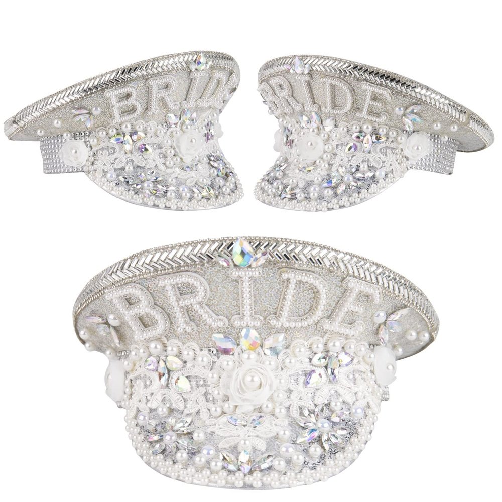VIESSLG Handmade White Embroidered Lace Bride Hat Bridal Cap Sequin Captain Hat for Hen Do Party (Color : White, Size : Bride)
