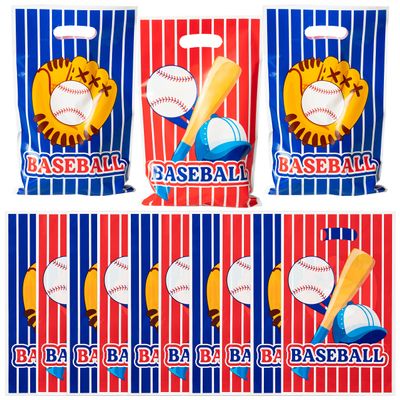 AwserTantue Baseball Party Favor Bag - 50Pcs Blue and Red Baseball Plastic Goodie Candy Treat Bag with Handle Gift Wrap Decoration for Kid Birthday Baby Shower Sport Game Decoration Party Favor Supply