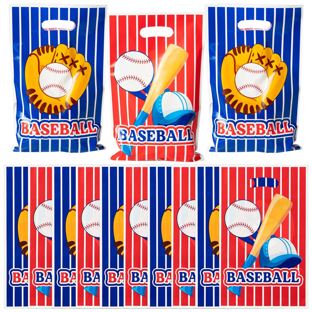 AwserTantue Baseball Party Favor Bag - 50Pcs Blue and Red Baseball Plastic Goodie Candy Treat Bag with Handle Gift Wrap Decoration for Kid Birthday Baby Shower Sport Game Decoration Party Favor Supply