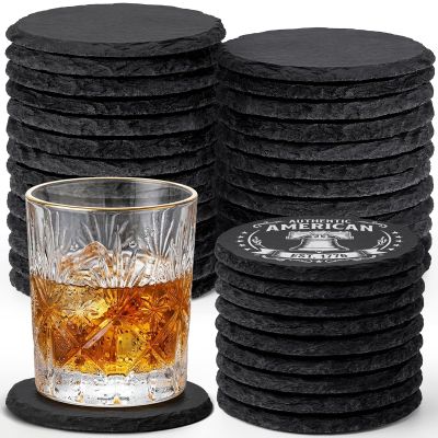 36 Pieces Slate Coasters Bulk, 4 Inch Round Rustic Black Stone Drinks Coasters Set with Anti-Scratch Backing for Laser Engraving, Bar, Housewarming Gifts, Home Decor, Halloween Christmas