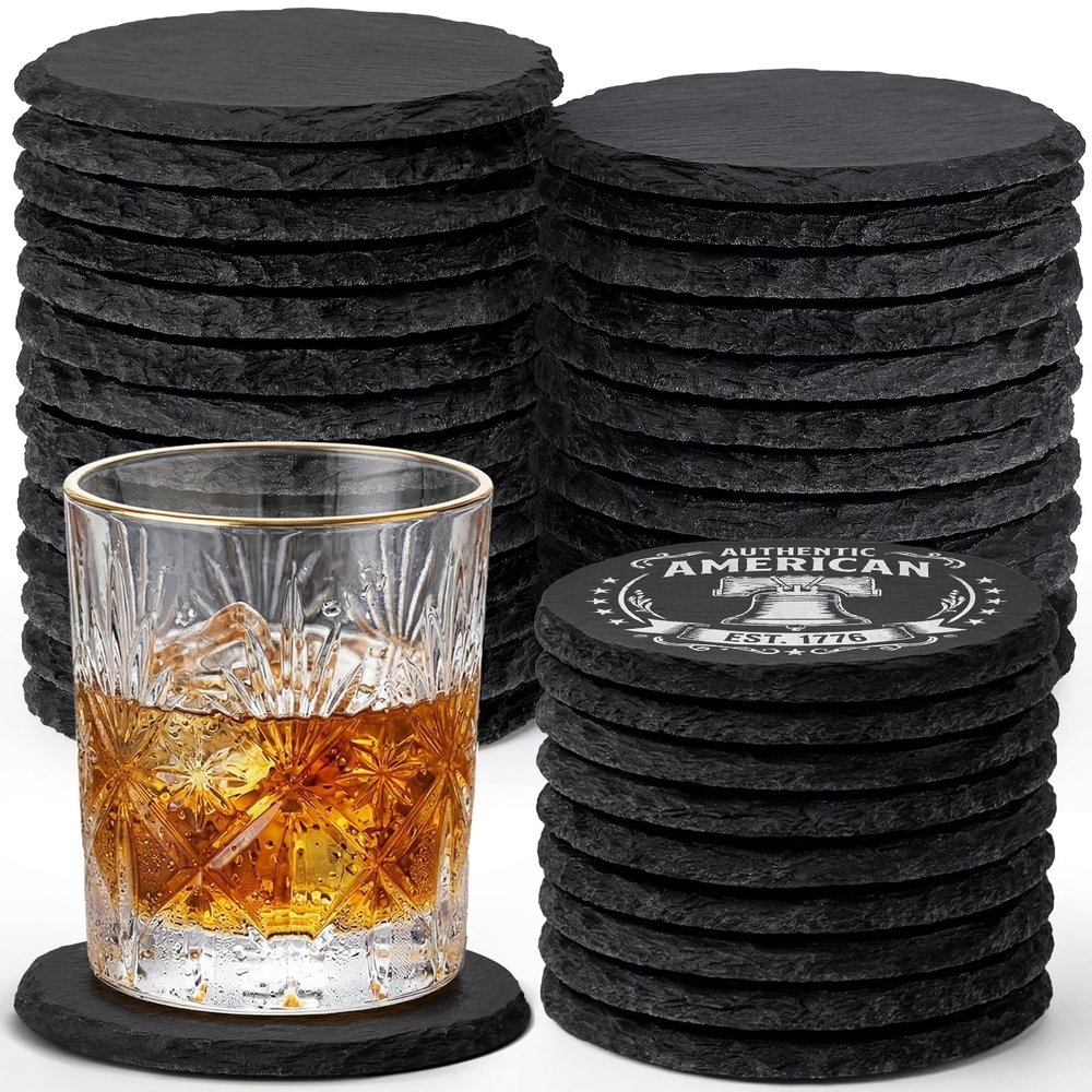 36 Pieces Slate Coasters Bulk, 4 Inch Round Rustic Black Stone Drinks Coasters Set with Anti-Scratch Backing for Laser Engraving, Bar, Housewarming Gifts, Home Decor, Halloween Christmas
