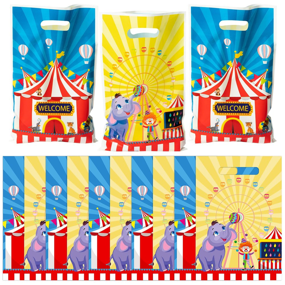 AwserTantue Carnival Gift Wrap Bags - 50Pcs Circus Mardi Gras Elephant Ferris Wheel Plastic Goodie Candy Treat Bag Gift Wrapping Pack Decoration Kids Birthday Circus Carnival Party Supplies Presents