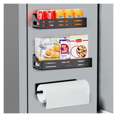 Carwiner 3 Pack Magnetic Spice Rack for Refrigerator with Paper Towel Holder, Magnetic Refrigerator Organizer, Strong Magnetic Fridge Shelf, Rustproof Side Fridge Storage Rack for Kitchen