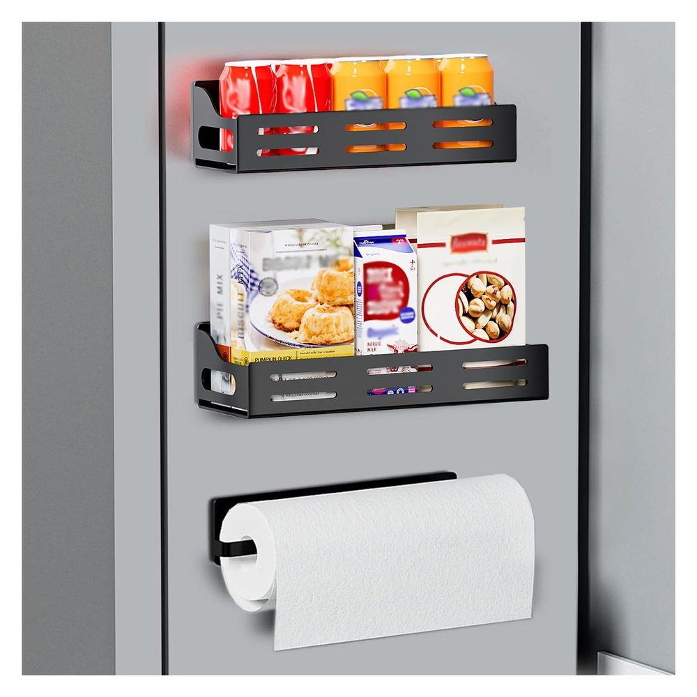 Carwiner 3 Pack Magnetic Spice Rack for Refrigerator with Paper Towel Holder, Magnetic Refrigerator Organizer, Strong Magnetic Fridge Shelf, Rustproof Side Fridge Storage Rack for Kitchen