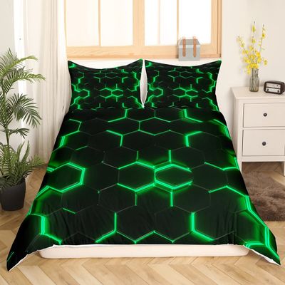 Honeycomb Bedding Duvet Cover Full Size,Geometric Hexagon Theme with Green Neon Lights Comforter Cover,Boys Teen Man Chic Home Bedding Quilt Cover 3Pcs with 2 Pillowcases,Black
