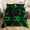 Honeycomb Bedding Duvet Cover Full Size,Geometric Hexagon Theme with Green Neon Lights Comforter Cover,Boys Teen Man Chic Home Bedding Quilt Cover 3Pcs with 2 Pillowcases,Black view 3