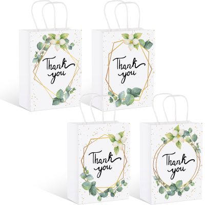 Greenery Eucalyptus Small Thank You Gift Bags Floral Design Paper with Handles Baby Shower Thank You Wedding Hotel Guests Favor Bags White Kraft for Birthday Party Teacher Salon 6 x 3 x 9''(48 Pcs)