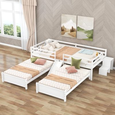 Quarte Practical Platform Bed Full Over Twin&Twin Platform Bed with Built-in Slide and Little Storage Stairway,Solid Wood Guardrail,for Kids and Toddler,Teens and Adults,Saving Space (White#D)