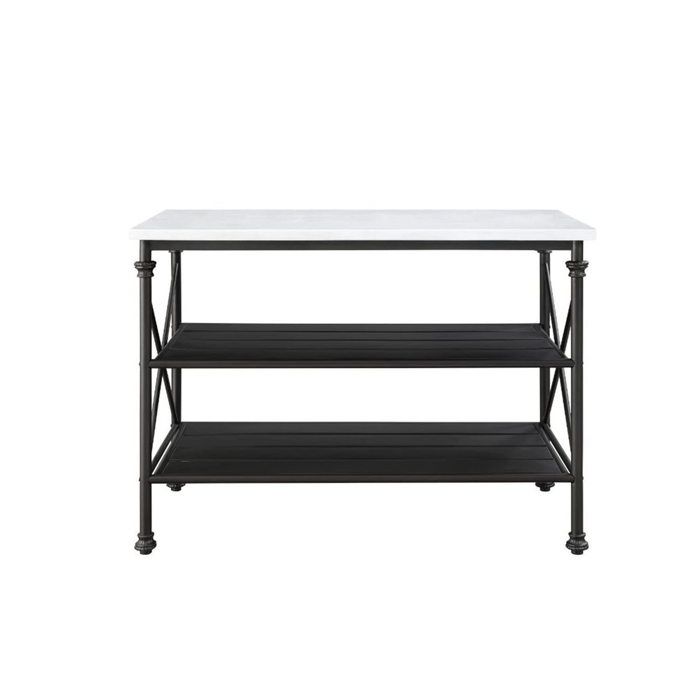 Simple Relax 2 Open Shelves Kitchen Island with Marble Top in White and Gray