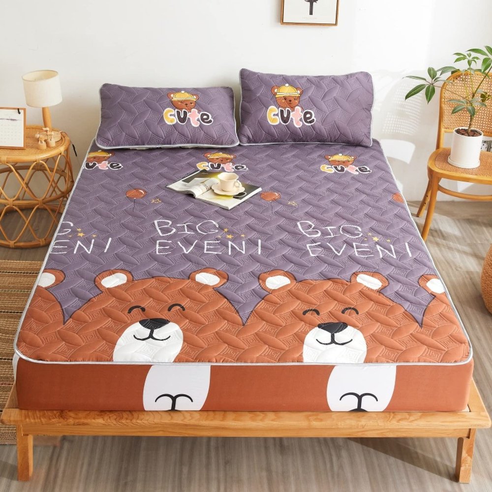 FCLDESHOP King Size Sheets,Thickened Quilted Quilted Fitted Sheets, Children's Room Cartoon Printing Mattress Protector Cover Bedding Sheets,Purple,150x200cm