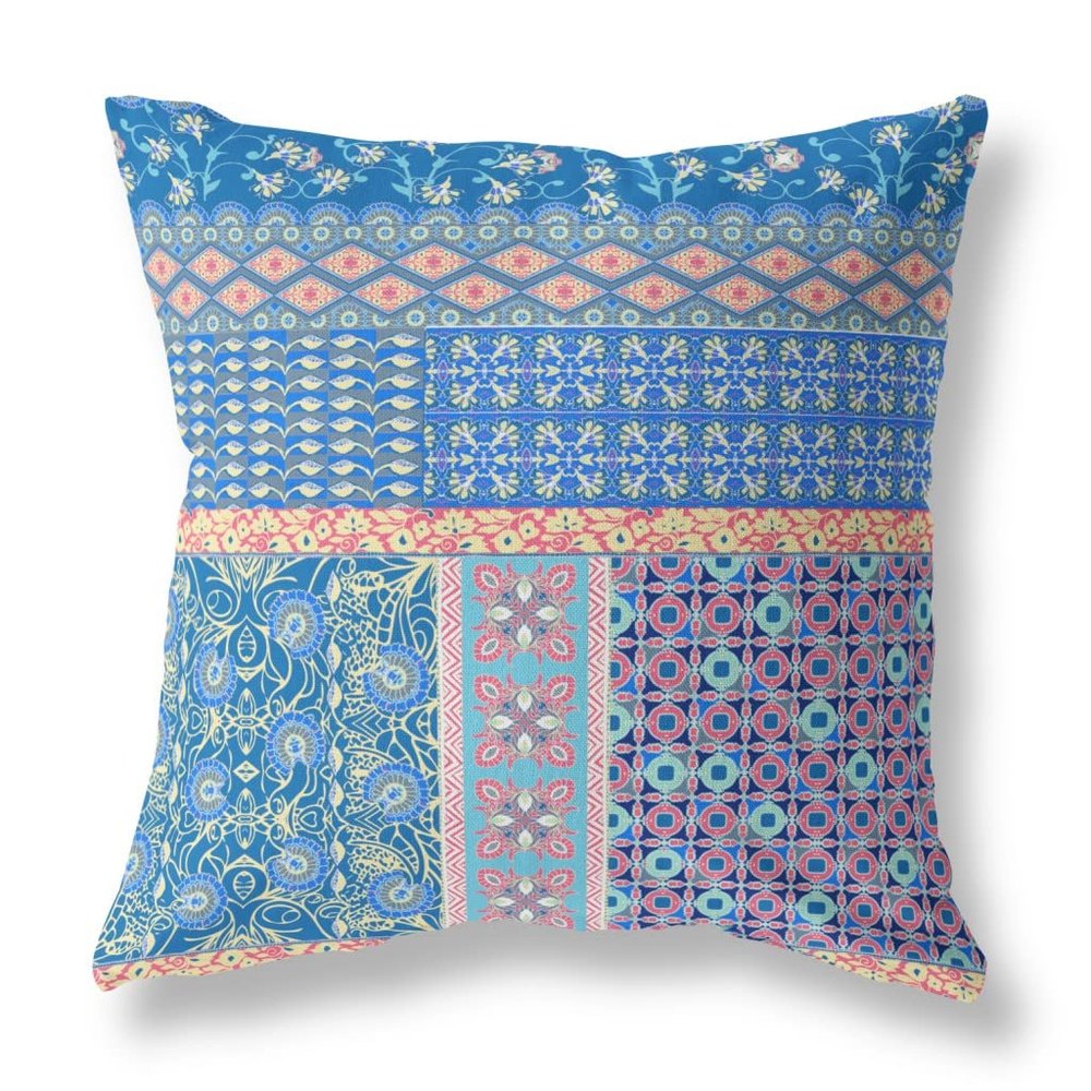 HomeRoots Blue and Yellow Broadcloth 20 Blue Yellow Patch Indoor Outdoor Throw Pillow