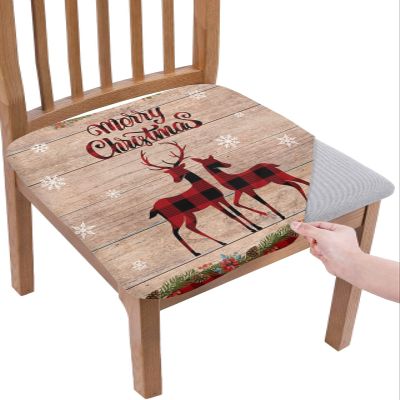 Dining Room Chair Seat Covers, Merry Christmas Reindeer Deer Pine Branches Rustic Old Wooden Red Black Plaid Removable Stretch Chair Seat Cushion Slipcovers Protector for Holiday Party, Set of 6