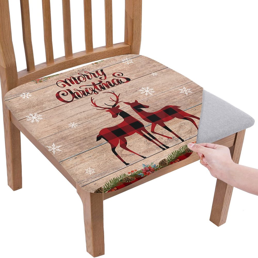 Dining Room Chair Seat Covers, Merry Christmas Reindeer Deer Pine Branches Rustic Old Wooden Red Black Plaid Removable Stretch Chair Seat Cushion Slipcovers Protector for Holiday Party, Set of 6