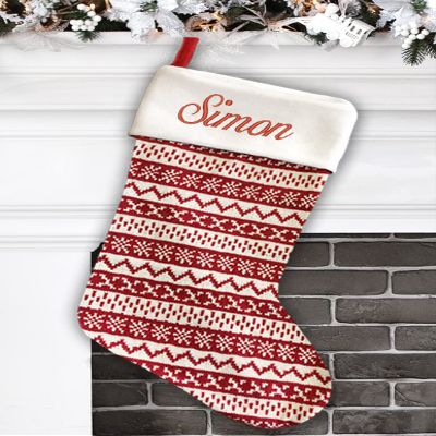 Personalized Christmas Stocking - Knitted Red Design - Embroidered Name - Large 18.5inch, Red and Beige Color, Family Holiday Season Decor