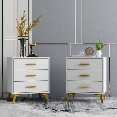 Hitow White Nightstand with 3 Drawers, Bedside Table End Table & Golden Metal Legs, Small Place Bedroom Living Room Storage, Nightstand Table Set of 2 (19.7" W x 15.7" D x 23.6" H)