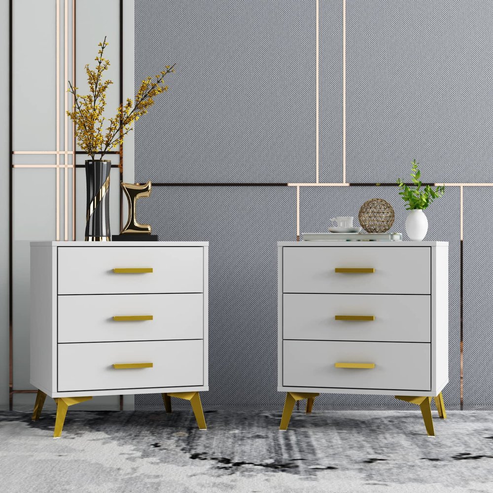 Hitow White Nightstand with 3 Drawers, Bedside Table End Table & Golden Metal Legs, Small Place Bedroom Living Room Storage, Nightstand Table Set of 2 (19.7" W x 15.7" D x 23.6" H)