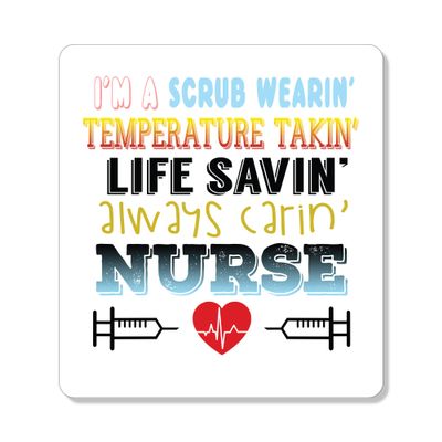 DistinctInk Refrigerator Magnet - Small Decorative - Great Gift/Present - Also Works on car - 2.1 inch Square - Round Corners - Scrub Wearing Temp Taking Life Saving Nurse