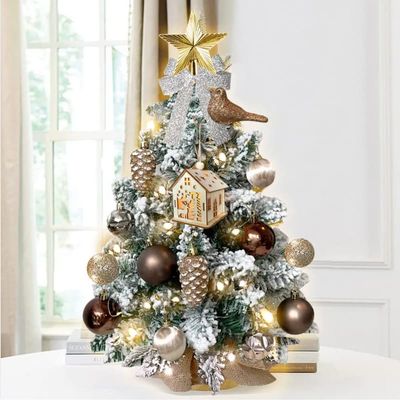 2ft Mini Christmas Tree with Light Artificial Small Tabletop Pink Christmas Decoration with Flocked Snow; Exquisite Decor & Xmas Ornaments for Table Top for Home & Office (Woodland)