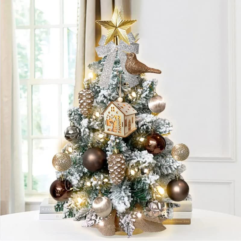 2ft Mini Christmas Tree with Light Artificial Small Tabletop Pink Christmas Decoration with Flocked Snow; Exquisite Decor & Xmas Ornaments for Table Top for Home & Office (Woodland)
