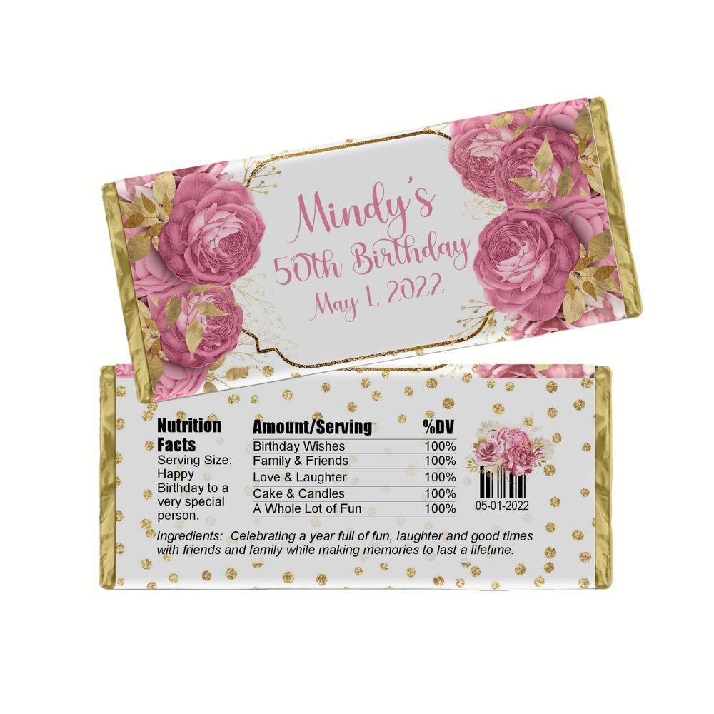 Cathy Wraps Floral Birthday Party Favors, Personalized Candy Bar Wrappers, Custom Chocolate Bar Labels, DIY Kit, Pack of 20 (Lt. Pink/Gold)