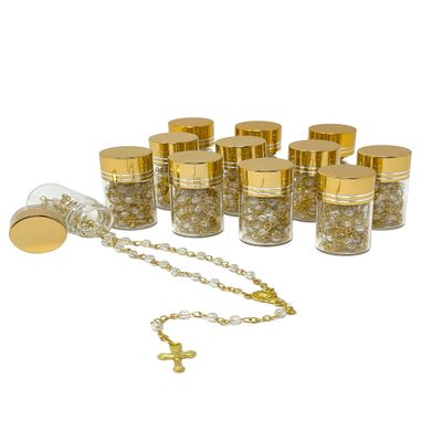 12 Pcs Rosary in Glass Jar Bottle Beads Clear Pearl Colors Catholic Crucifix Necklace Jesus Christ First Comunion Recuerdos De Bautizo (Gold, Small)