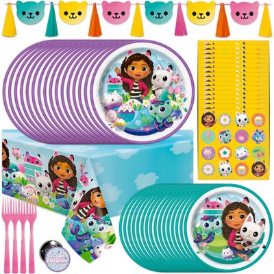 Gabby Dollhouse Party Decorations | Gabby Birthday Party Decorations | Tablecover, Banner, Plates, Napkins, Button | Serves 16 | Officially Licensed