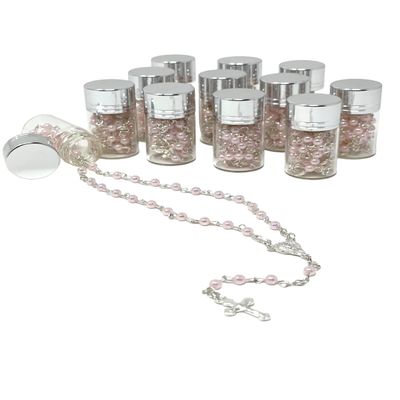 12 Pcs Rosary in Glass Jar Bottle Beads Clear Pearl Colors Catholic Crucifix Necklace Jesus Christ First Comunion Recuerdos De Bautizo (Pink, Small)