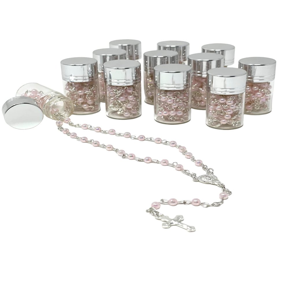 12 Pcs Rosary in Glass Jar Bottle Beads Clear Pearl Colors Catholic Crucifix Necklace Jesus Christ First Comunion Recuerdos De Bautizo (Pink, Small)