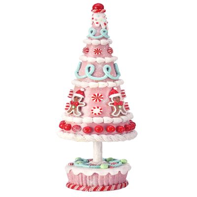 Gingerbread Look Christmas Candy and Cake Cone Tree, 15.5 inches High - Red, Pink and White Clay Dough Christmas Tree