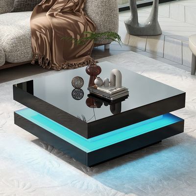 P PURLOVE 31.5" Modern Coffee Table Square LED Coffee Table Cocktail Table with 16 Color Light,White/Black 2 Tier Coffee Table with Remote Control for Living Room Bedroom