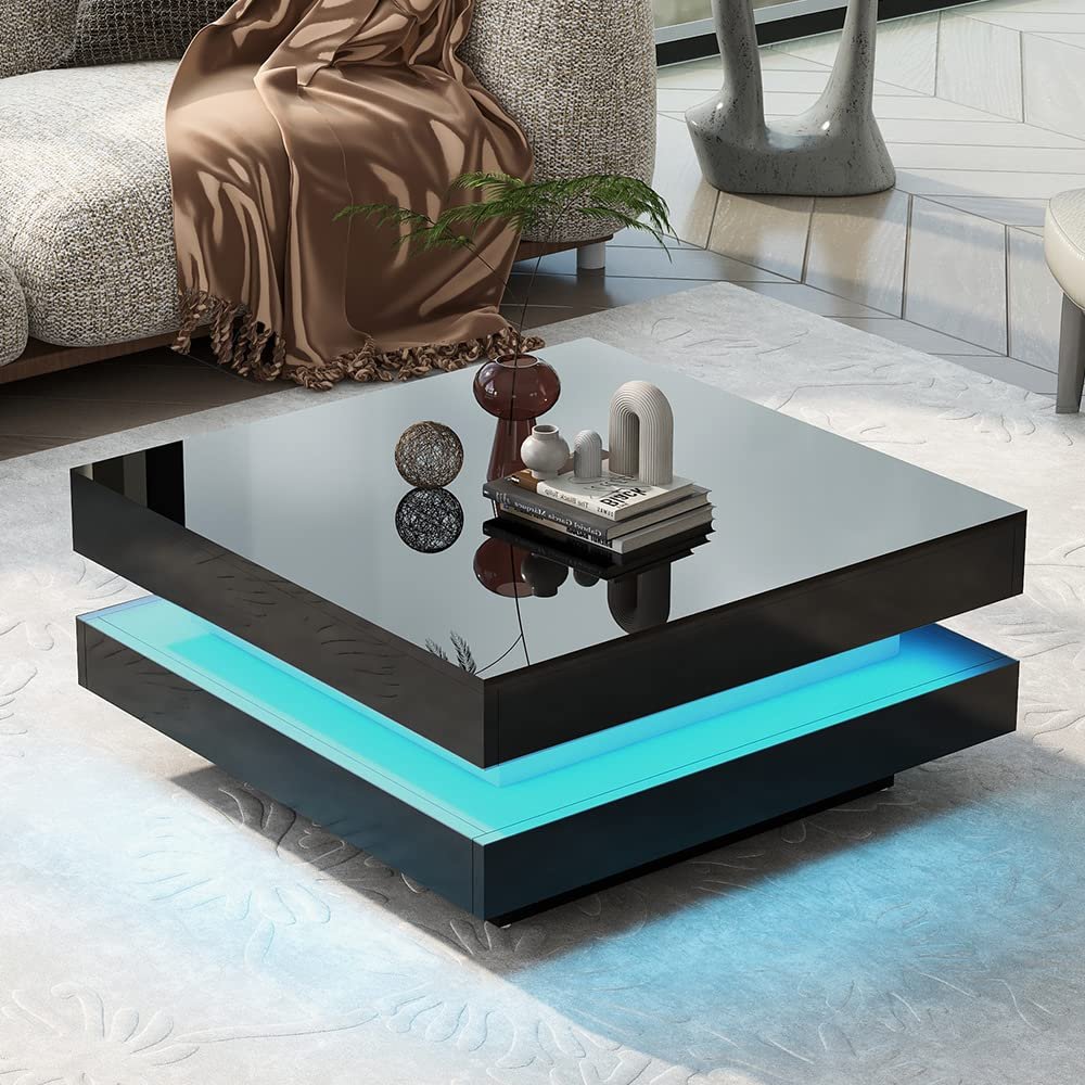P PURLOVE 31.5" Modern Coffee Table Square LED Coffee Table Cocktail Table with 16 Color Light,White/Black 2 Tier Coffee Table with Remote Control for Living Room Bedroom