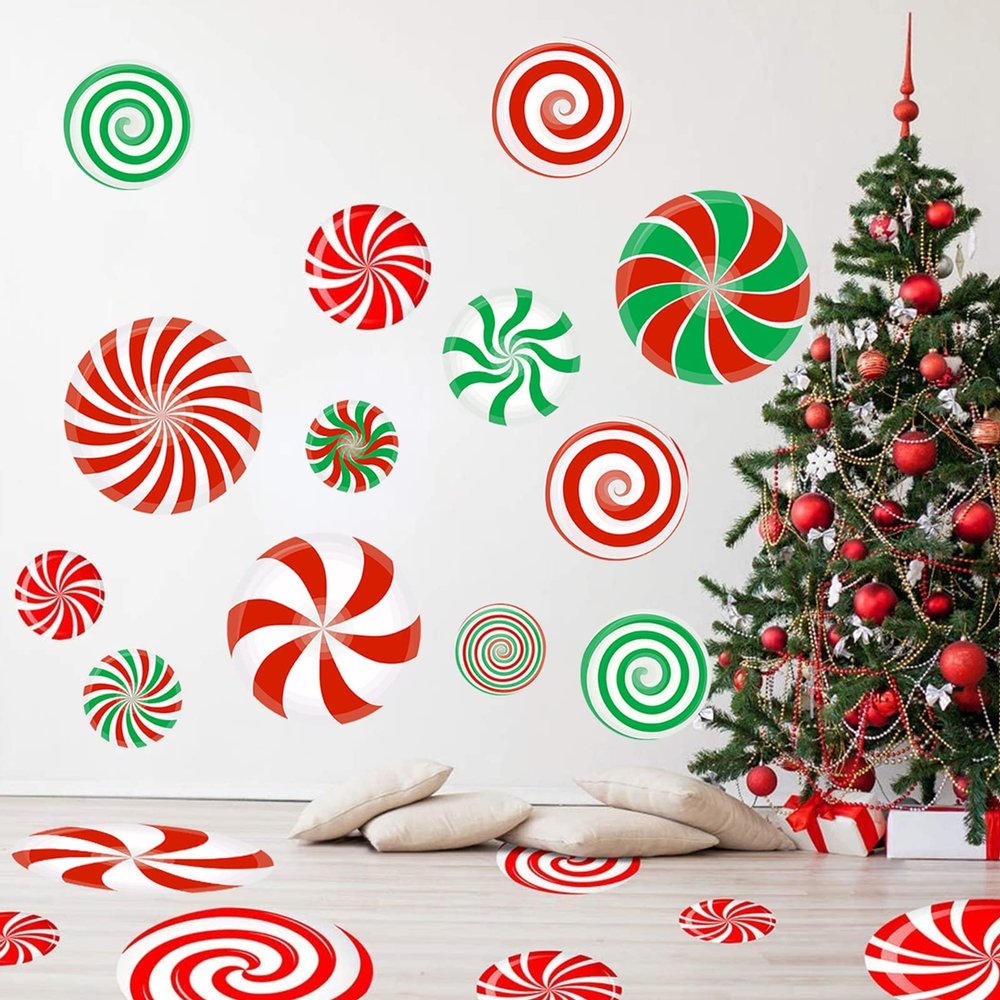 126 Pcs Christmas Candy Wall Decals Decorations Christmas Wall Stickers Peppermint Candy Floor Decals for Xmas Candyland Party Decorations