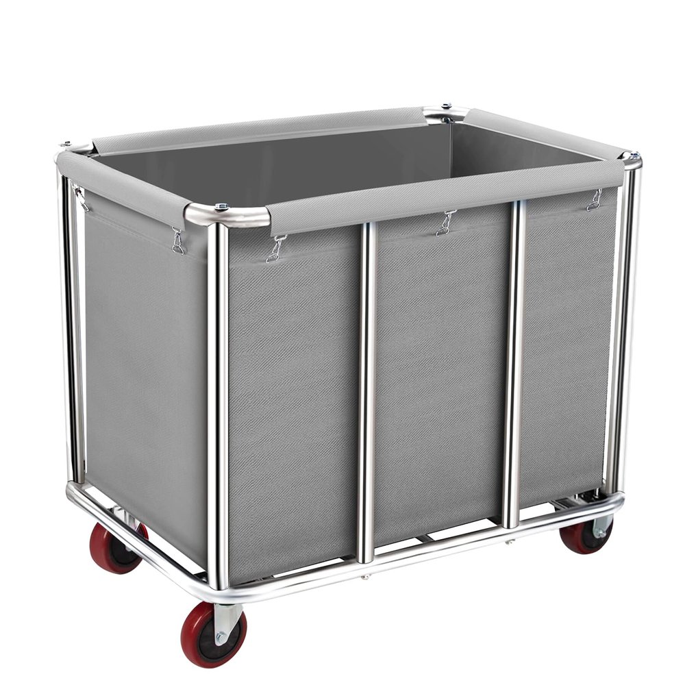 Commercial Laundry Cart on Wheels, 11.35 Bushels Large Roller with Removable Waterproof Canvas Lined Basket, Heavy Duty Stainless Steel for Hotels and Hospitals