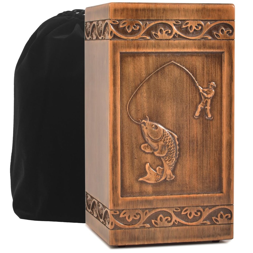 engmvwod Handmade Wooden Engraved Urn for Human Ashes 250lbs Adult Male Female Satin Bag Fishing Cremation urns Box