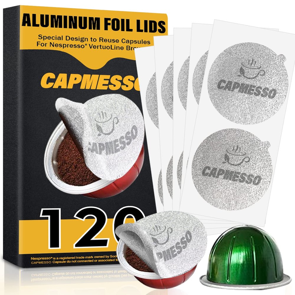 CAPMESSO Aluminum Foil Lids for Reusable Nespresso Vertuoline Pods, Coffee Pods Sticker Covers Seals Compatible with Nespresso Reusable Pods Vertuoline Refillable Vertuoline Capsule (120 pcs)