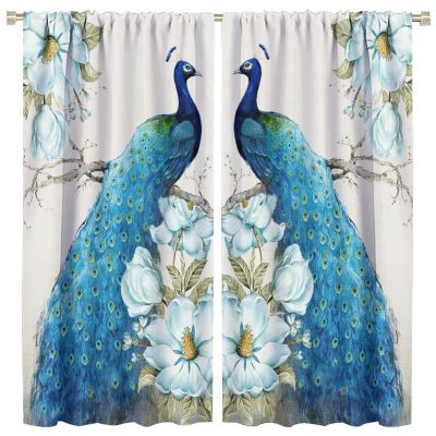 Peacock Blackout Curtains, Blue Peony Flower Pattern Kitchen Living Room Bedroom Room Decorative Curtains 42x45 Inch