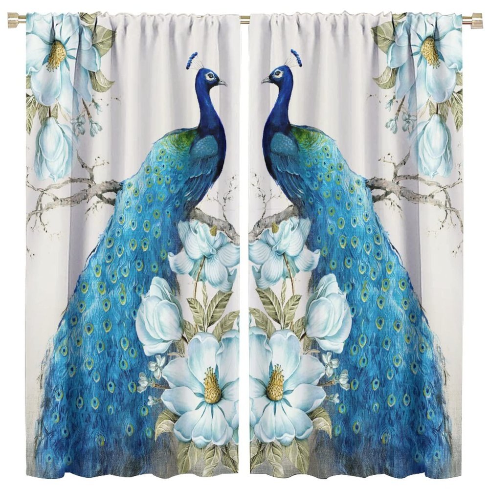 Peacock Blackout Curtains, Blue Peony Flower Pattern Kitchen Living Room Bedroom Room Decorative Curtains 42x45 Inch