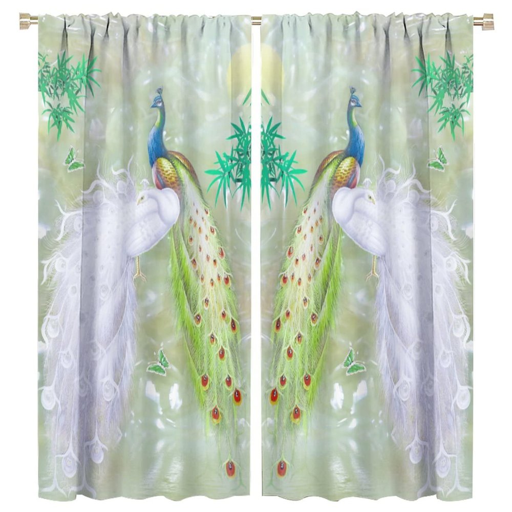 Peacock Curtains,Green White Fantasy Peacock Bamboo Boys and Girls Bedroom Living Room Decorative Curtains,Green 63x72in