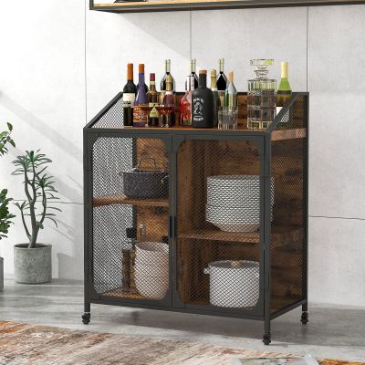 Industrial Coffee Bar Cabinet, Kitchen Cart with Metal Mesh Double Doors Rolling Buffet Storage Cabinet with Universal Wheel Different Space Size Kitchen Island Cart, for Dinning Room, Living Room