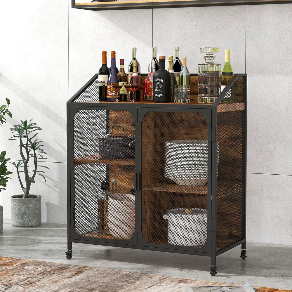 Industrial Coffee Bar Cabinet, Kitchen Cart with Metal Mesh Double Doors Rolling Buffet Storage Cabinet with Universal Wheel Different Space Size Kitchen Island Cart, for Dinning Room, Living Room