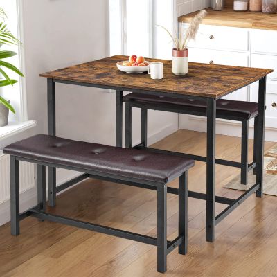 Alkmaar Dining Table Set for 4, Dining Table with 2 Benches, 3 Piece Kitchen Table Set for 4, Space-Saving Dining Table Set, Sturdy Structure, Easy Assemble, Rustic Brown (DiningTableSet-YJ-03)