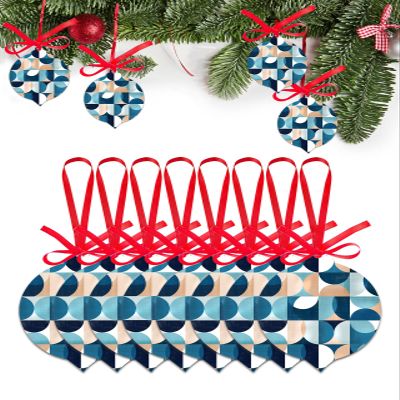 2024 Christmas Ornament Mid Century Teal Round Shape Symmetric,Acrylic Hanging Accessories Christmas Tree Decoration,Abstract Geometric Leaf Shape Xmas Pendant with Ribbons Gift Tags 8 Pieces