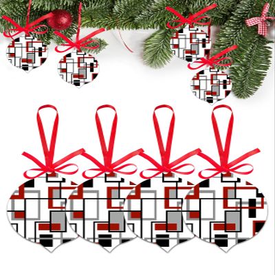 2024 Christmas Ornament Nordic Red Geometric Check Stripes,Acrylic Hanging Accessories Christmas Tree Decoration,Mid Century Abstract Art Leaf Shape Xmas Pendant with Ribbons Gift Tags 4 Pieces