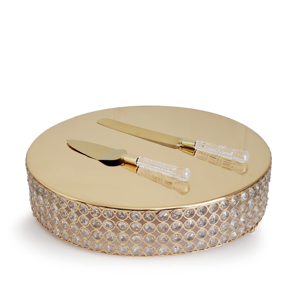 18 Round Crystal Beaded Cake Stand with Cake Knife and Server Set (Gold)