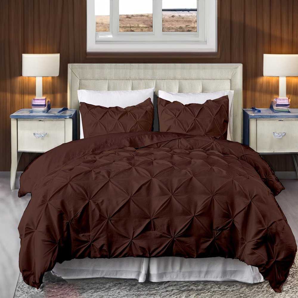 800 Thread Count Pinch Pleated Duvet Cover 100% Egyptian Cotton Linen 1 Piece Bedding Set, Breathable Durable Soft Luxury Pintuck Duvet Cover Set with Zipper Closure & Corner Ties (Chocolate, King)