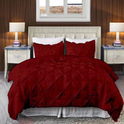 800 Thread Count Pinch Pleated Duvet Cover Set 5 Piece 100% Egyptian Cotton Bedding Set with Zipper & Corner Ties, Breathable Durable Soft Luxury Pintuck Duvet Cover & 4 Pillow Shmas (Burgundy, Queen)